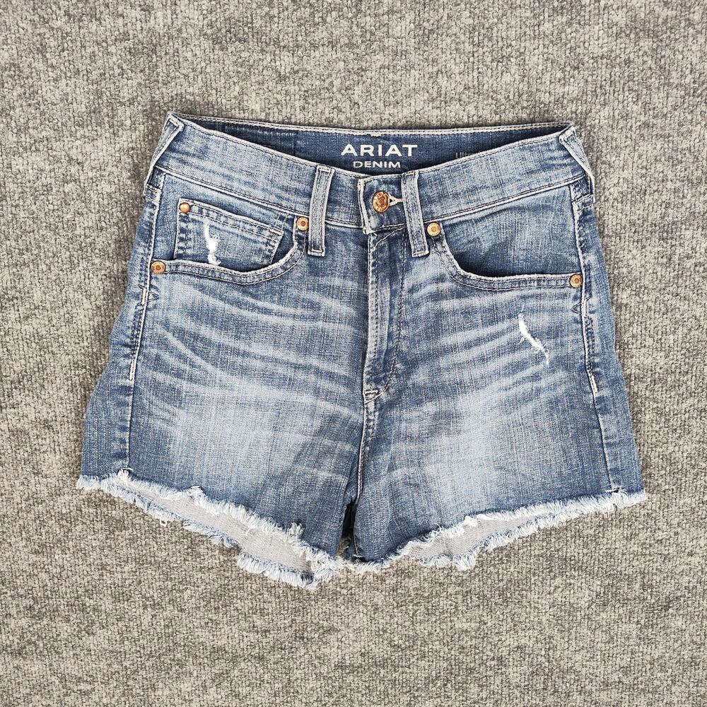 Ariat Boyfriend Denim Shorts Womens 26R Blue Ultra High Rise Distressed Raw Hem